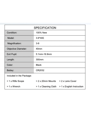 BUSHNELL - Lunette de visée 3-9X40 (sans anneaux) 